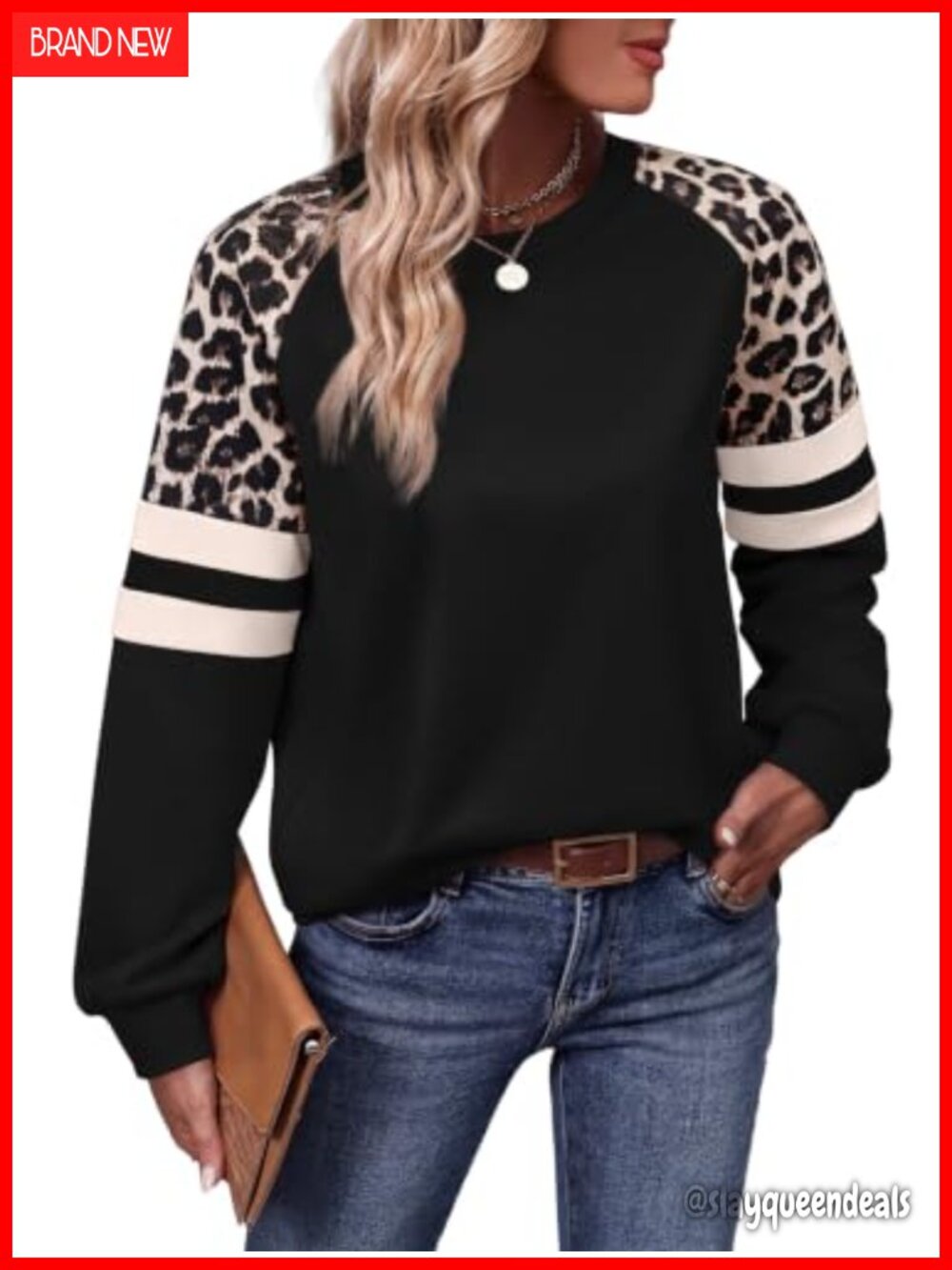 Color Block Crewneck Sweatshirt Leopard Print Sleeves Loose Fit